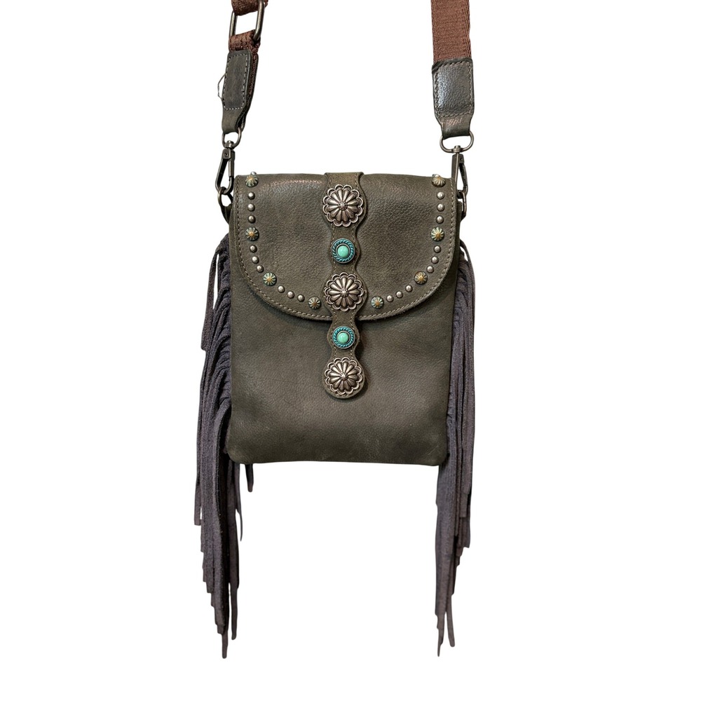 Montana West Fringe Crossbody Bag Gray Western Turquoise Concho Studded